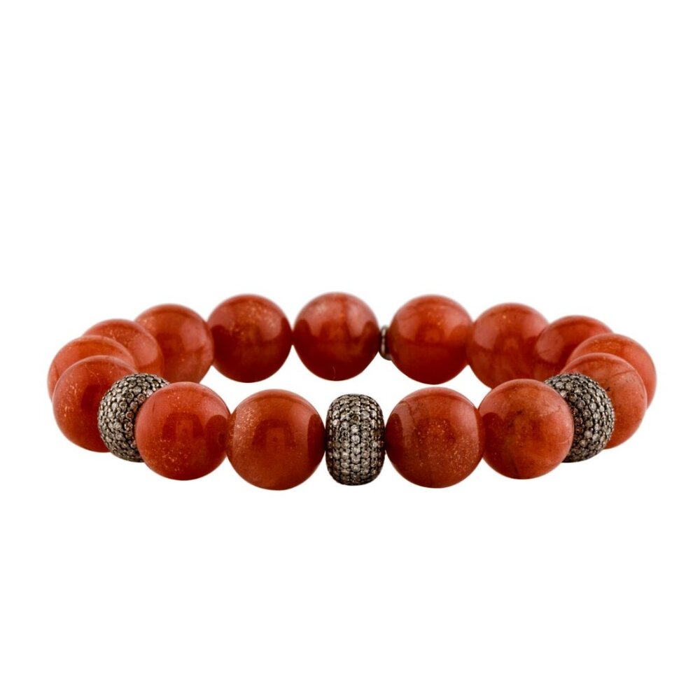 SHERYL LOWE SUNSTONE & DIAMOND 3.13CTW  STERLING SILVER 925 BEAD BRACELET
